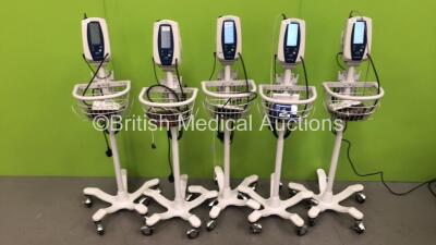 5 x Welch Allyn SPOT Vital Signs Monitors on Stands with Chargers and Some Leads (All Power Up)