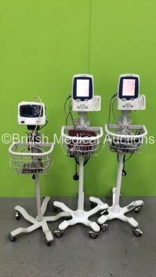 2 x Welch Allyn Spot Vital Signs LXi Vital Signs Monitors on Stands with Leads and 1 x Welch Allyn Propaq LT Patient Monitor on Stand with BP Hose and Cuff (Powers Up)
