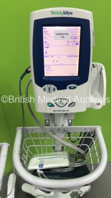 2 x Welch Allyn Spot Vital Signs LXi Vital Signs Monitors on Stands with Leads and 1 x Welch Allyn Propaq LT Patient Monitor on Stand with BP Hose and Cuff (Powers Up) - 2