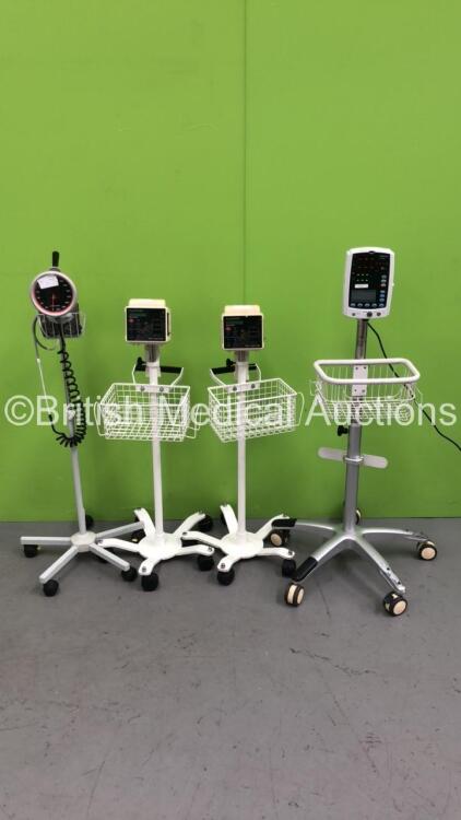 2 x CSI Criticare SPO2/Comfort Cuff Model 506DXN Vital Signs Monitors on Stands (Not Power Tested Due to No Power Supply), 1 x Blood Pressure Meter on Stand and 1 x Mindray VS-800 Vital Signs Monitor on Stand (Powers Up) *S/N BY83104672*
