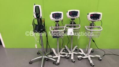 1 x Welch Allyn 53N00, 2 x Welch Allyn 53NT0 Vital Signs Monitors on Stands and 1 x Welch Allyn 420 Series Vital Signs Monitor on Stand (All Power Up) *JA069498 / JA067236 / JA059088*