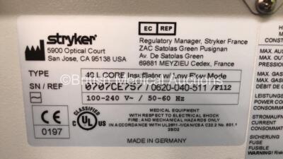 Stryker Stack Trolley with 2 x Stryker Vision Elect HD Monitors, Stryker 40L HighFlow Insufflator, Stryker 1188 HD High Definition Camera Control Unit, Stryker 1188 HD Camera Head and Stryker X8000 Light Source (Powers Up) *S/N SVE217J0806 / SVE217J0779 / - 9