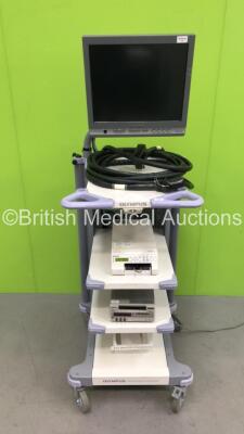 Olympus Stack Trolley with Olympus OEV181H Monitor, Olympus ECS-260 Connector Cable, Sony UP-25MD Colour Video Printer and Sony Digital Video Cassette Recorder (Powers Up)