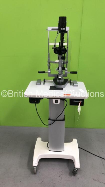 Haag Streit Bern SL 900 Slit Lamp on Stand with 2 x 10x Eyepieces, Binoculars and Chin Rest on Motorized Table (Powers Up with Good Bulb) *S/N 900.2.166597*