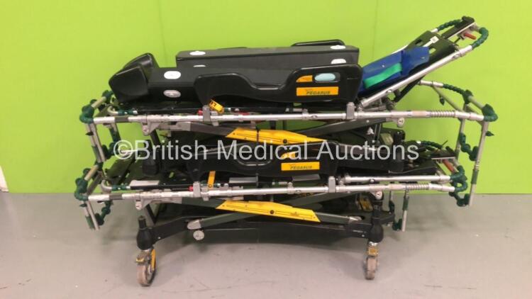 2 x Ferno Pegasus Hydraulic Ambulance Stretchers * Missing Mattresses * (Hydraulics Tested Working-1 x Missing 3 x Wheels-See Photos)