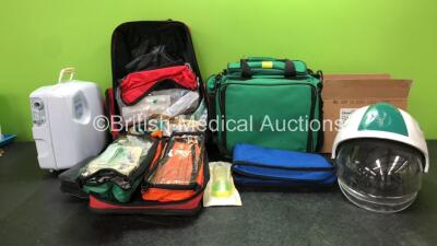 Mixed Lot Including 1 x Mangar Airflo Compressor, 10 x Diversey Soft Care Hand Disinfectant Gels *All Out of Date* 2 x Emergency Carry Bags with Various Consumable and 1 x Ambulance Safety Helmet