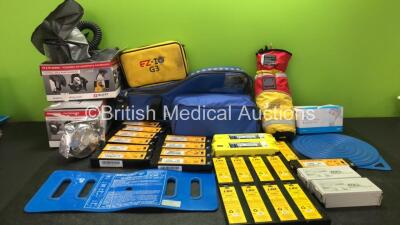 Mixed Lot Including 2 x FH & FM Series Headtop Facemasks, 1 x EZ I0 G3 Carry Bag, 1 x Entonox Bottle Carry Bag, 1 x MEDesign Patient Handling Sling, 1 x Northern Diver 20 Meter Rope, 1 x Patient Transfer Board and Various Defibrillator Batteries *All Unte