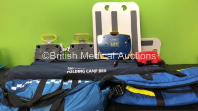 Mixed Lot Including 2 x Hi Gear Folding Camp Beds, 2 x Gas Bottle Carry Bags, 3 x Patient Transfer Boards, 1 x LSU 782210 Wall Bracket with DC Power Supply, 1 x Milwaukee M28C Battery Charger (No Power) 2 x Miscellaneous Docking Stations