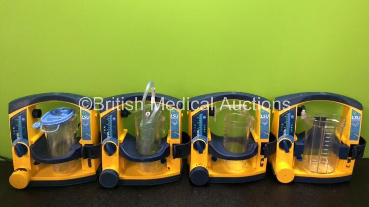 4 x Laerdal LSU Suction Units with 4 x Cups and 2 x Batteries (All Power Up, 2 x Missing Rubber Caps, 3 x Missing Cup Lids - See Photos) *SN 78301298079 / 78311298287 / 78101354914 / 78021069231*