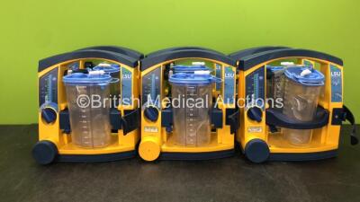 6 x Laerdal LSU Suction Units with 6 x Cups and 6 x Batteries (All Power Up, 1 with Missing Rubber Cap-See Photo) *SN 78481474879, 78081465014, 78080893387, 78081465035, 78051687133, 78251580617*