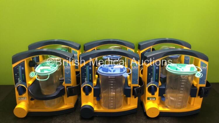 6 x Laerdal LSU Suction Units with 6 x Cups and 6 x Batteries (All Power Up, 2 x Missing Rubber Caps - See Photos) *SN 78070780300 / 78091687945 / 78481474877 / 78061294002 / 78080957241 / 78191184998*