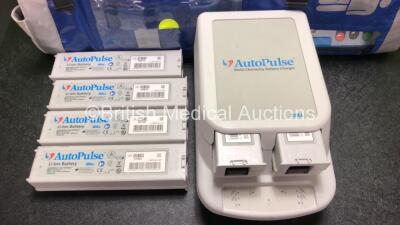 Job Lot Including 1 x Zoll Autopulse Resuscitation System Model 100 *Mfd 2015* with 1 x Life Band Strap, 1 x Zoll Auto Pulse Multi Chemistry Battery Charger with 6 x Zoll Auto Pulse Li-Ion Batteries (Powers Up) *SN 41390* - 2