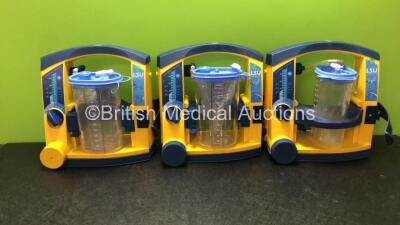 3 x Laerdal LSU Suction Units with 3 x Cups and 3 x Batteries (All Power Up, 1 with Missing Cap-See Photo) *SN 78081687829, 78061293987, 78191184989*