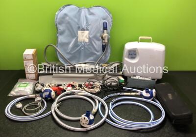 Mixed Lot Including 3 x Entonox Hoses (1 x Missing Connector - See Photos) Various Patient Monitoring Cables and Sensors, 2 x Mangar Lifting Cushions, 1 x Camel & ELK Airflo Plus Compressor and 1 x Physio Control Printer Module *SN 7052020273000540 / CA03