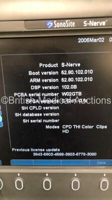 SonoSite S-Nerve Portable Ultrasound Scanner Ref P09417-15 Boot Version 52.80.102.010 ARM Version 52.80.102.010 with 2 x Transducers/Probes (1 x C11x/8-5 * Mfd Aug 2016 * and 1 x SLAx/13-6 * Mfd Feb 2009 * Incompatible with Unit) on S Series Stand (Powers - 2