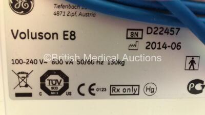 GE Voluson E8 Expert Flat Screen Ultrasound Scanner Software Version EC250 with 5 x Transducers/Probes (1 x RAB 6-D * Mfd June 2014 *,1 x C4-8-D * Mfd Nov 2016 *,1 x IC5-9-D * Mfd Dec 2017 *, 1 x 9L-D * Mfd March 2012 * and 1 x C1-5-D * Mfd May 2014 *) an - 18