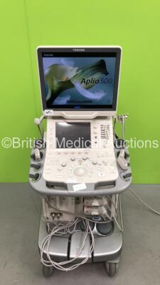 Toshiba Aplio 500 Flat Screen Ultrasound Scanner Software Version AB_V3.00*R405 with 3 x Transducers/Probes (1 x PLT-1204BX * Mfd Jan 2015 *,1 x PLT-704SBT * Mfd Feb 2015 * and 1 x PVT-375BT * Mfd July 2020 *) and Footswitch (Powers Up-Missing 2 x Dials -
