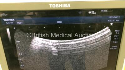 Toshiba Aplio 500 Flat Screen Ultrasound Scanner Software Version AB_V3.00*R405 with 3 x Transducers/Probes (1 x PLT-1204BX * Mfd Jan 2015 *,1 x PLT-704SBT * Mfd Feb 2015 * and 1 x PVT-375BT * Mfd July 2020 *) and Footswitch (Powers Up-Missing 2 x Dials - - 7