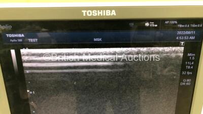 Toshiba Aplio 500 Flat Screen Ultrasound Scanner Software Version AB_V3.00*R405 with 3 x Transducers/Probes (1 x PLT-1204BX * Mfd Jan 2015 *,1 x PLT-704SBT * Mfd Feb 2015 * and 1 x PVT-375BT * Mfd July 2020 *) and Footswitch (Powers Up-Missing 2 x Dials - - 9