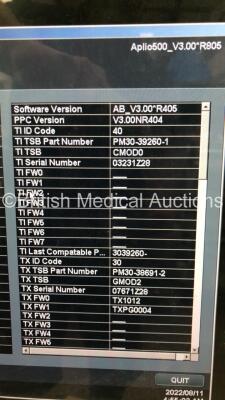 Toshiba Aplio 500 Flat Screen Ultrasound Scanner Software Version AB_V3.00*R405 with 3 x Transducers/Probes (1 x PLT-1204BX * Mfd Jan 2015 *,1 x PLT-704SBT * Mfd Feb 2015 * and 1 x PVT-375BT * Mfd July 2020 *) and Footswitch (Powers Up-Missing 2 x Dials - - 12