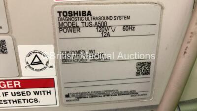 Toshiba Aplio 500 Flat Screen Ultrasound Scanner Software Version AB_V3.00*R405 with 3 x Transducers/Probes (1 x PLT-1204BX * Mfd Jan 2015 *,1 x PLT-704SBT * Mfd Feb 2015 * and 1 x PVT-375BT * Mfd July 2020 *) and Footswitch (Powers Up-Missing 2 x Dials - - 13