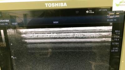 Toshiba Aplio 500 Flat Screen Ultrasound Scanner Software Version AB_V3.00*R007 with 2 x Transducers/Probes (1 x PVT-674BT * Mfd Feb 2015 *and 1 x PLT-704SBT * Mfd Jan 2017 * Probe Head Damage) and Footswitch (Powers Up-110v-Adapter Not Included) * SN W1C - 5