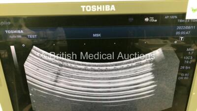 Toshiba Aplio 500 Flat Screen Ultrasound Scanner Software Version AB_V3.00*R007 with 2 x Transducers/Probes (1 x PVT-674BT * Mfd Feb 2015 *and 1 x PLT-704SBT * Mfd Jan 2017 * Probe Head Damage) and Footswitch (Powers Up-110v-Adapter Not Included) * SN W1C - 7