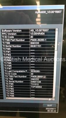 Toshiba Aplio 500 Flat Screen Ultrasound Scanner Software Version AB_V3.00*R007 with 2 x Transducers/Probes (1 x PVT-674BT * Mfd Feb 2015 *and 1 x PLT-704SBT * Mfd Jan 2017 * Probe Head Damage) and Footswitch (Powers Up-110v-Adapter Not Included) * SN W1C - 10