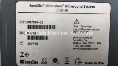 SonoSite MicroMaxx Portable Ultrasound Scanner Ref P07099-05 Boot Version 30.80.304.025 ARM Version 30.80.306.024 with 2 x Transducers/Probes (1 x C60e/5-2 * Mfd March 2011 * and 1 x HFL38/13-6 * Mfd Feb 2007 *) and Footswitch on Mobile Docking System Lit - 9