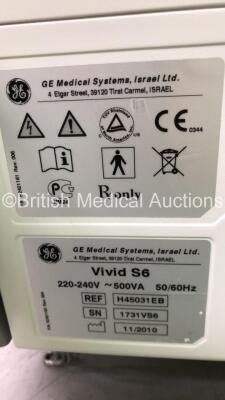 GE Vivid S6 Flat Screen Ultrasound Scanner with 5 x Transducers/Probes (1 x 12L-RS * Mfd Oct 2010 *,1 x 10S-RS * Mfd October 2010 *,1 x i12L-RS * Mfd August 2010 *,1 x 6S-RS * Mfd October 2010 * and 1 x 8C-RS * Mfd March 2013 *) and Sony Digital Graphic P - 5