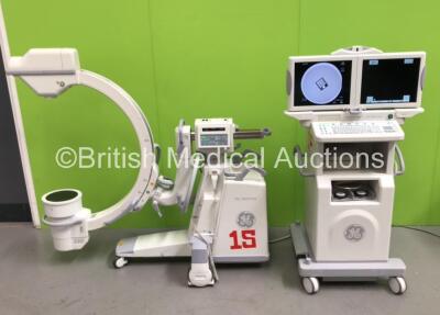 GE OEC 9900 Elite Mobile X-Ray C-Arm with Exposure Hand Switch,VAS 8 Dual Screen Intensifier,Sony Hybrid Graphic Printer UP-990AD and Footswitch (Powers Up with Key - Key Included - Exposure Taken - See Photos - Buttons to Controller Worn) * SN E9-1920 *