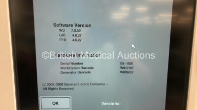 GE OEC 9900 Elite Mobile X-Ray C-Arm with Exposure Hand Switch,VAS 8 Dual Screen Intensifier,Sony Hybrid Graphic Printer UP-990AD and Footswitch (Powers Up with Key - Key Included - Exposure Taken - See Photos - Buttons to Controller Worn) * SN E9-1920 * - 3