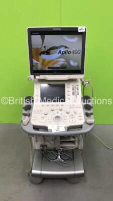 Toshiba Aplio 400 Flat Screen Ultrasound Scanner Software Version AB_V3.00*R005 with 2 x Transducers/Probes (1 x PLT-1204BT * Mfd Sept 2010 * and 1 x PLT-704SBT * Mfd April 2008 *),Footswitch and Sony Digital Graphic Printer UP-D897 (Powers Up-Missing Mo