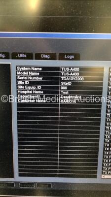 Toshiba Aplio 400 Flat Screen Ultrasound Scanner Software Version AB_V3.00*R005 with 2 x Transducers/Probes (1 x PLT-1204BT * Mfd Sept 2010 * and 1 x PLT-704SBT * Mfd April 2008 *),Footswitch and Sony Digital Graphic Printer UP-D897 (Powers Up-Missing Mo - 9