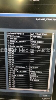 Toshiba Aplio 400 Flat Screen Ultrasound Scanner Software Version AB_V3.00*R005 with 2 x Transducers/Probes (1 x PLT-1204BT * Mfd Sept 2010 * and 1 x PLT-704SBT * Mfd April 2008 *),Footswitch and Sony Digital Graphic Printer UP-D897 (Powers Up-Missing Mo - 10