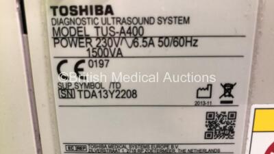 Toshiba Aplio 400 Flat Screen Ultrasound Scanner Software Version AB_V3.00*R005 with 2 x Transducers/Probes (1 x PLT-1204BT * Mfd Sept 2010 * and 1 x PLT-704SBT * Mfd April 2008 *),Footswitch and Sony Digital Graphic Printer UP-D897 (Powers Up-Missing Mo - 12