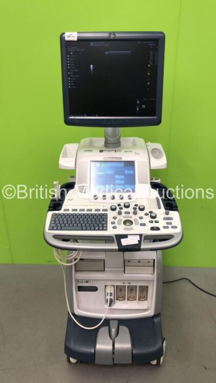 GE Logiq E9 Flat Screen Ultrasound Scanner Ref 5205000-7 Software Version R4 with 1 x Transducer/Probe (L8-18i-D * Mfd Nov 2013 *) and Sony Digital Graphic Printer UP-D897 (Powers Up) * SN 122713US1 * * Mfd Nov 2013 *