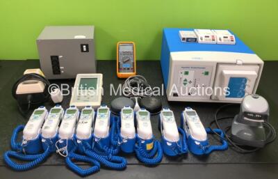 Mixed Lot Including 9 x Covidien Genius 2 Tympanic Thermometers with Bases, 1 x Perkins Tonometer MK 2 Recharging Unit (Powers Up) 1 x Del Mar Reynolds CardioCollect Unit (Powers Up with Damage to Screen - See Photos) 1 x Fluke 83 III Multimeter (Powers U