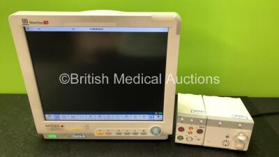 Mindray BeneView T8 Patient Monitor with 1 x Mindray BeneView Multiparameter Patient Module Including ECG, SpO2, IBP1, IBP2, T1, T2 and NIBP Options and 1 x Mindray AG Gas Module with Water Trap (All Power Up, Slight Damage to MPM Module Casing - See Phot