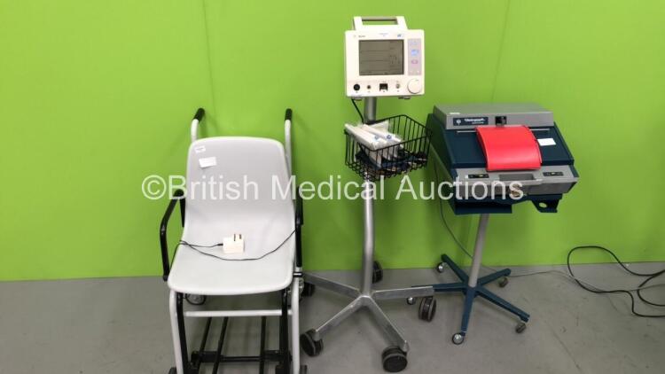 Mixed Lot Including 1 x Agilent M3927A Monitor on Stand with Leads and Cuffs, 1 x Vitalograph Spirometer on Stand and 1 x Seca Wheelchair Weighing Scale