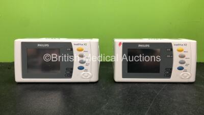 2 x Philips IntelliVue X2 Handheld Patient Monitor Including ECG, SpO2, NBP, Press and Temp Options with 2 x Philips M4607A Batteries *Mfd 12-2011, 12-2011* (Both Power Up when Tested with Stock Batteries-Batteries Included are Flat, 1 with Damage-See Pho