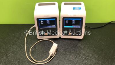 2 x Philips Suresigns VS2+ Patient Monitors with 1 x SpO2 Finger Sensor (Both Power Up, 1 x Missing Badge - See Photos)