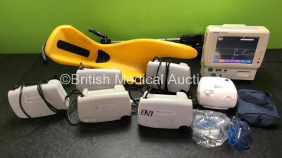 Mixed Lot Including 1 x Yellofins Stirrup, 5 x Henleys Medical Salter Aire Elite Compressors, 1 x Omnibus BR-CN116 Compressor and 1 x Fukuda Denshi DS-7100 Monitor Including ECG, SpO2, NIBP, BP, Temp and Printer Options (Powers Up)