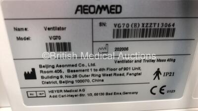 Aeonmed VG70 Ventilator Software Version 2.00, Running Hours 784h 30m with 1 x Hose on Stand with Accessories *Mfd 06-2020* (Powers Up) - 6