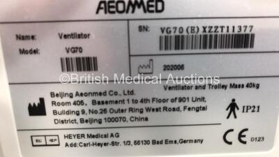 Aeonmed VG70 Ventilator Software Version 2.00, Running Hours 0h 16m with 1 x Hose on Stand with Accessories *Mfd 06-2020* (Powers Up) - 6