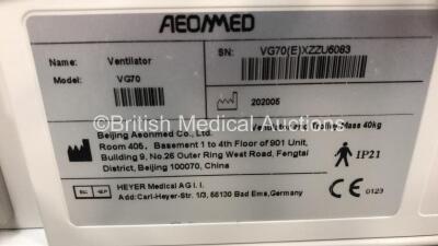 Aeonmed VG70 Ventilator Software Version 2.00, Running Hours 989h 27m with 1 x Hose on Stand with Accessories *Mfd 06-2020* (Powers Up) - 6