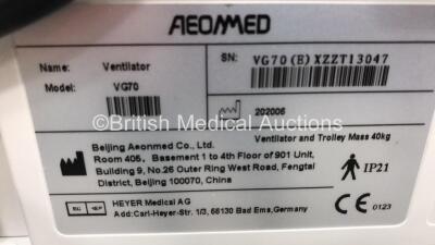 Aeonmed VG70 Ventilator Software Version 2.00, Running Hours 0h 43m with 1 x Hose on Stand with Accessories *Mfd 0-2020* (Powers Up) - 6