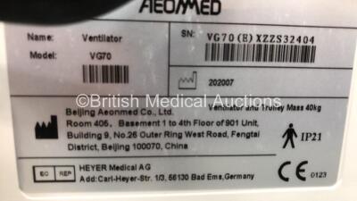 Aeonmed VG70 Ventilator Software Version 2.00, Running Hours 0h 36m with 1 x Hose on Stand with Accessories *Mfd 07-2020* (Powers Up) - 5