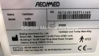 Aeonmed VG70 Ventilator Software Version 2.00, Running Hours 0h 7m with 1 x Hose on Stand with Accessories *Mfd 06-2020* (Powers Up) - 6