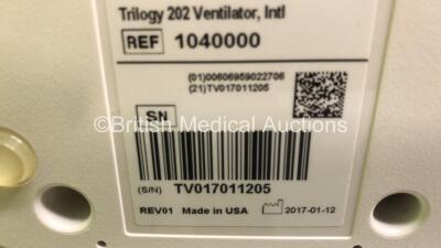 Philips Respironics Trilogy 202 Ventilator on Stand Software Version 14.2.04 - Operating Hours 1.7 with Hose (Powers Up) *Mfd 12/2017 * - 5